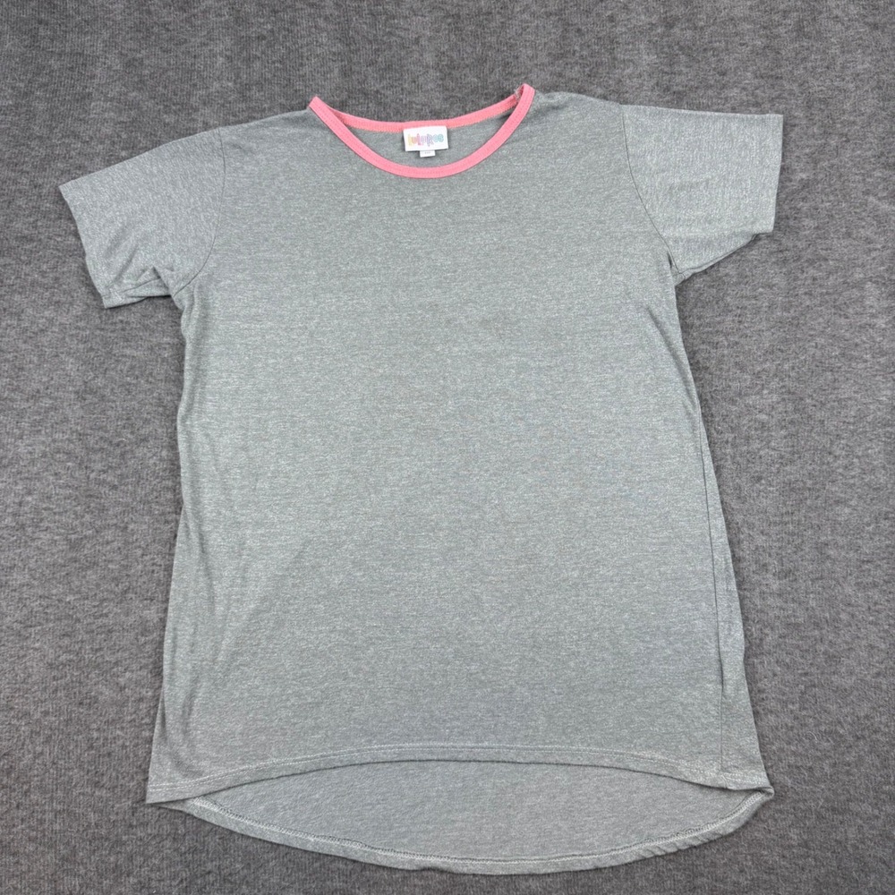 LuLaRoe T-Shirt Kids Size 10 Gray Pink Ringer High‎ Low Hem Short Sleeve Top